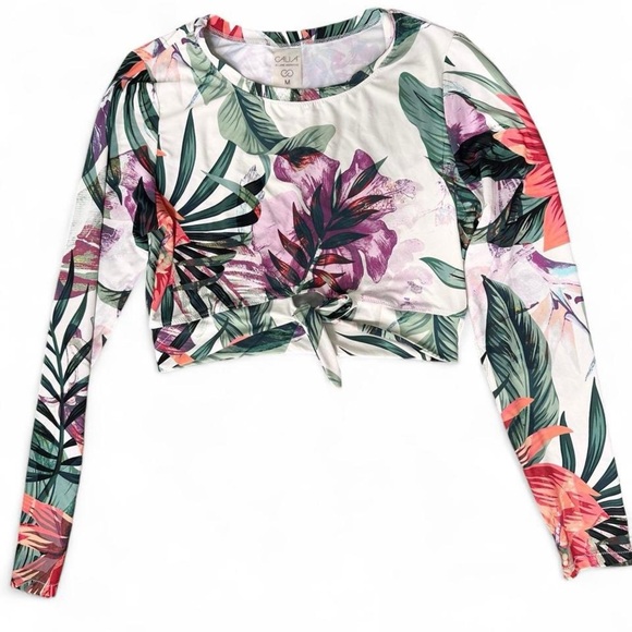 CALIA by Carrie Underwood Tropical Leaf Print Tie-Front Crop Top Medium - Picture 2 of 6
